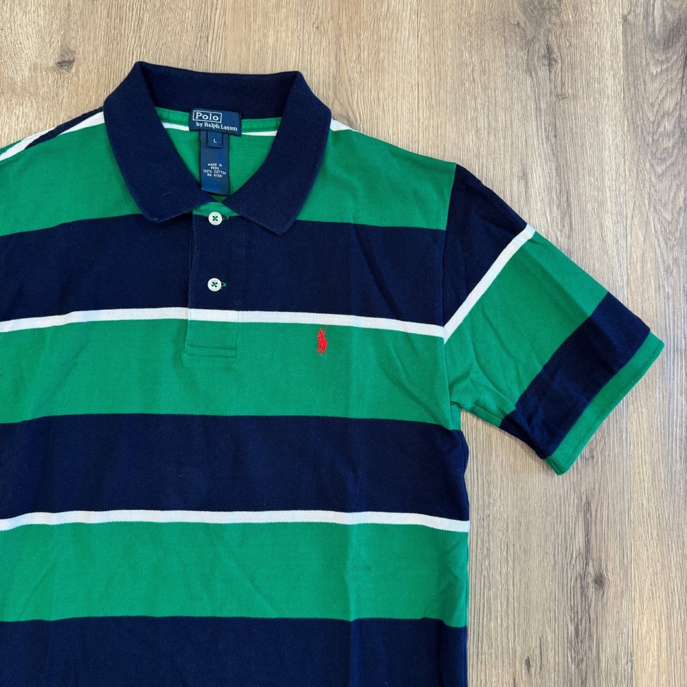 Vintage Polo Ralph Lauren Kids Large Green Navy Striped Short Sleeve Polo Shirt